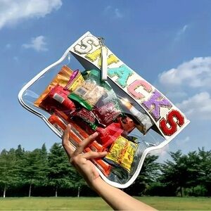 Snacks Bag for Travel White Clear Chenille Varsity Letters Flat Pouch Zipper new